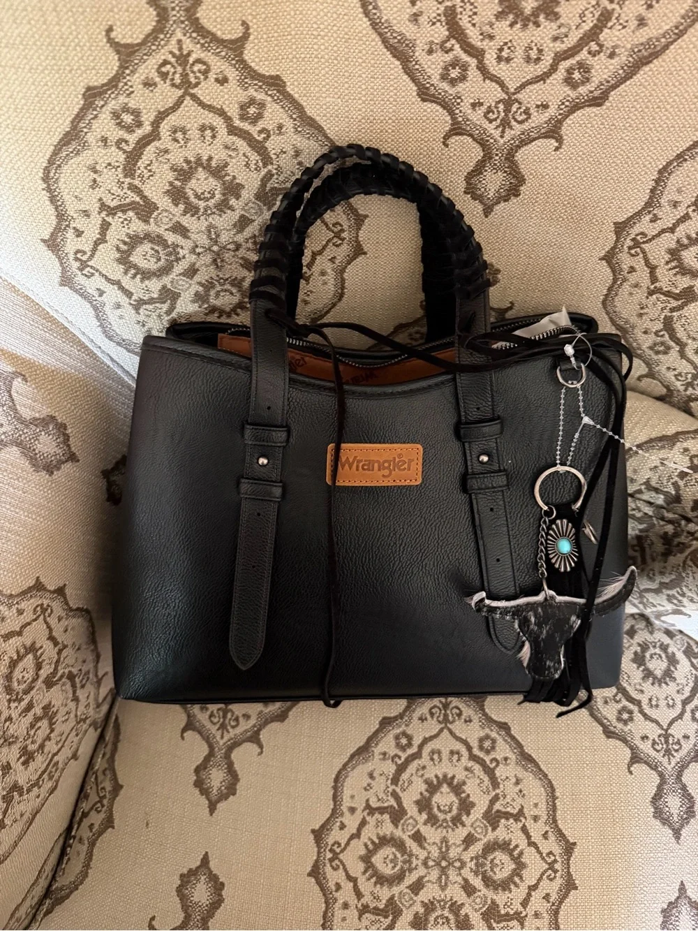 Wrangler Black Tote Bag with Braided Handles and Charms